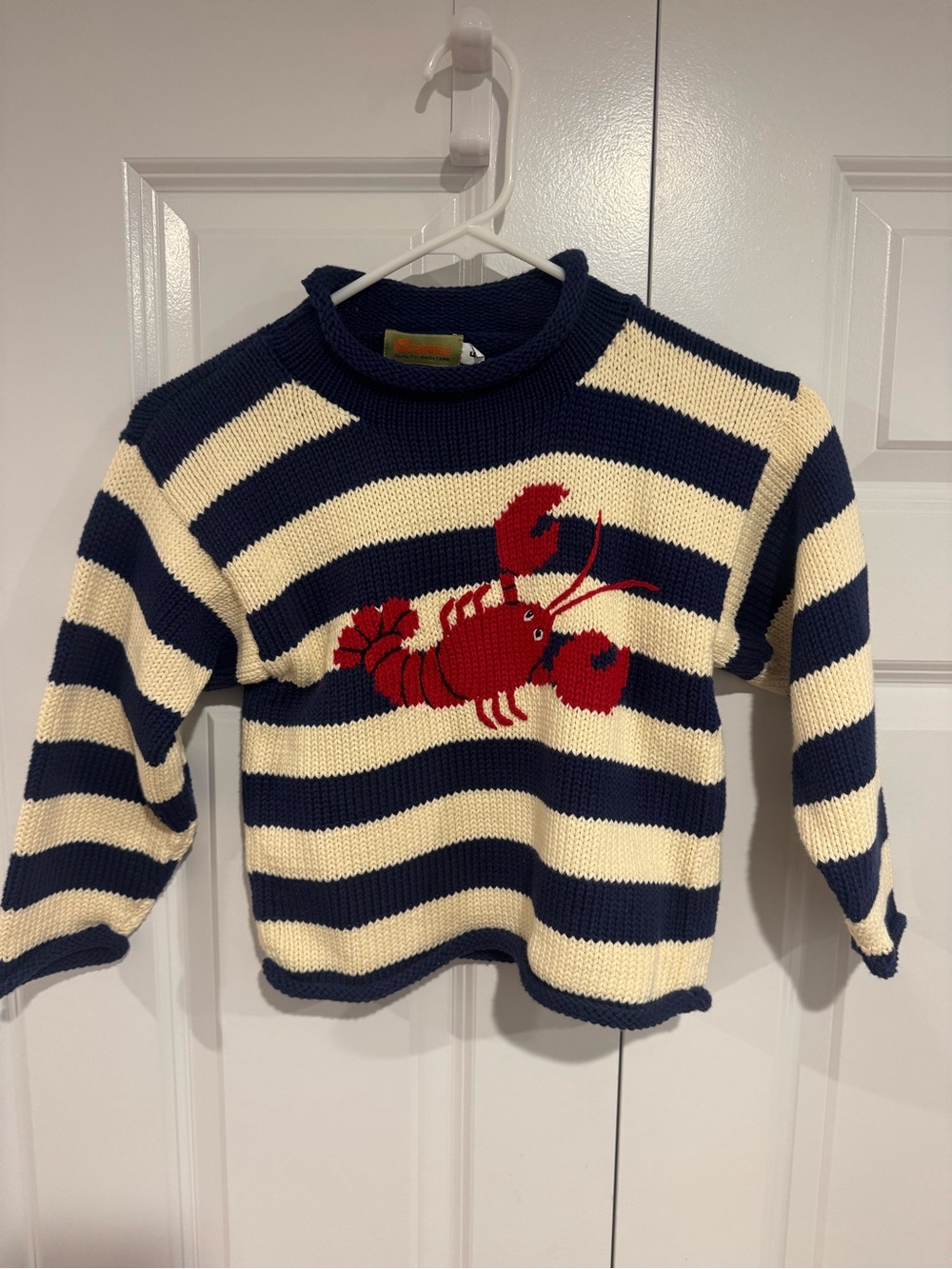 Navy & Cream Striped Kids Sweater with Red Lobster